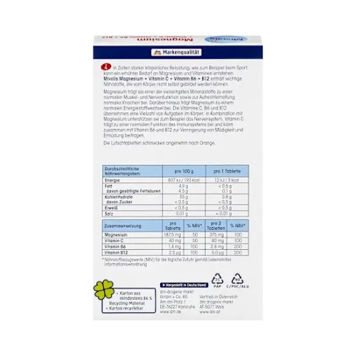 Mivolis Magnesium + Vitamin C + B6 + B12 – Orange Flavoured Lozenges (30 Tablets)