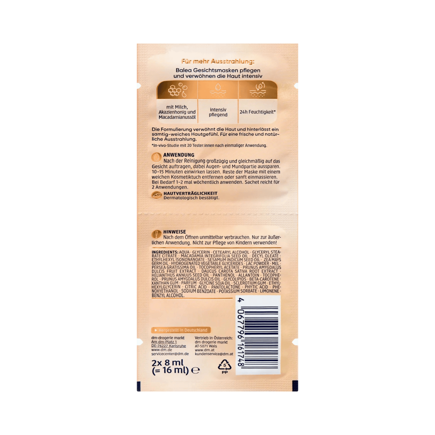 Balea Milk & Honey Face Mask, 16 ml (2x8 ml) – Regenerating & Hydrating