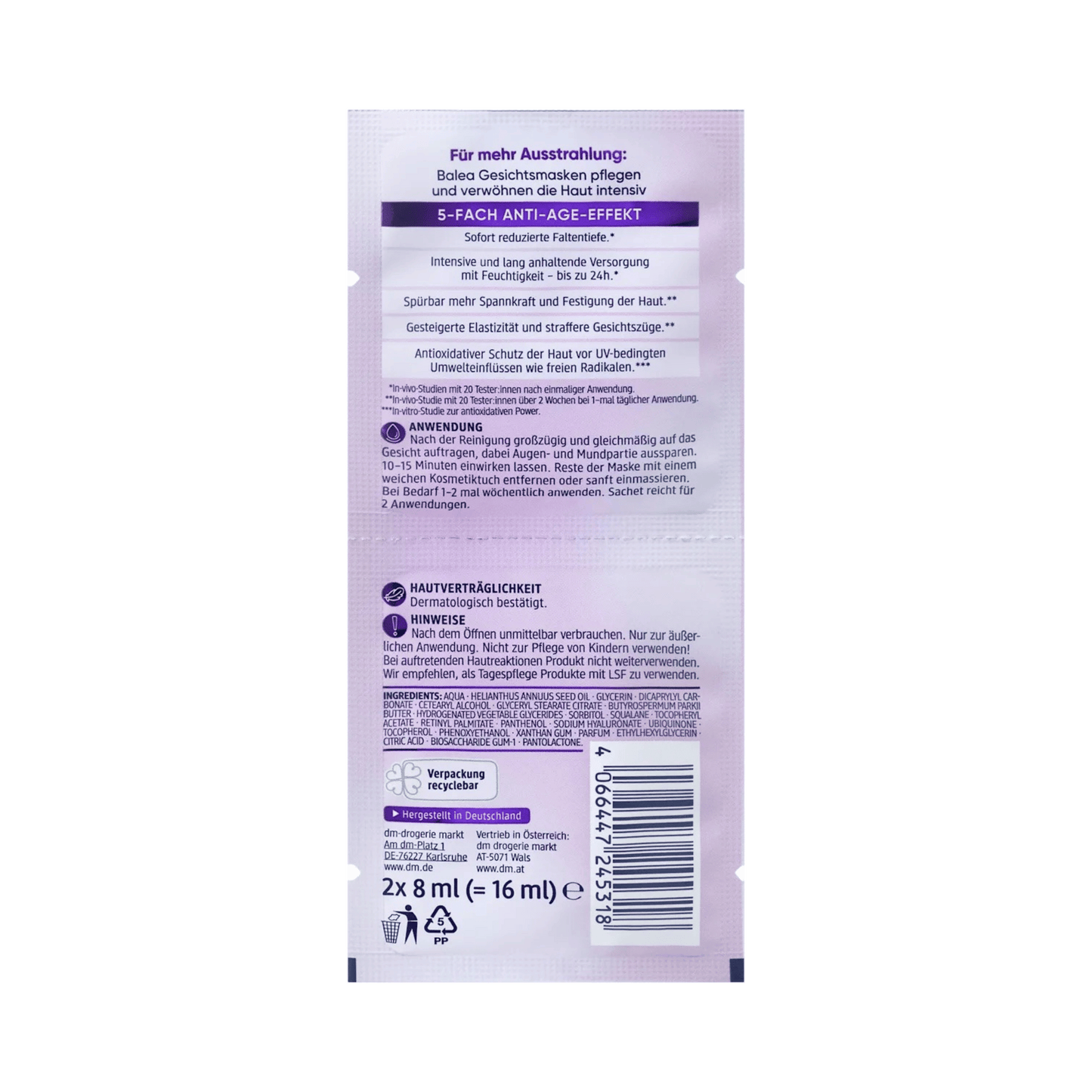 Balea Retinol Face Mask, 16 ml (2x8 ml) – 5-in-1 Anti-Age, Firming & Smoothing