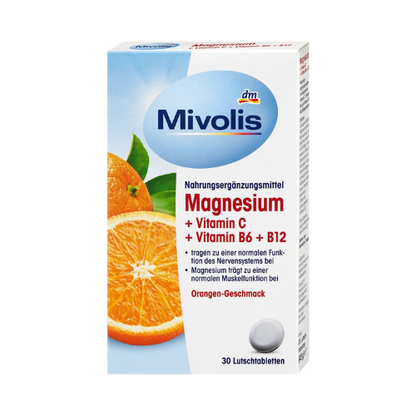 Mivolis Magnesium + Vitamin C + B6 + B12 – Orange Flavoured Lozenges (30 Tablets)
