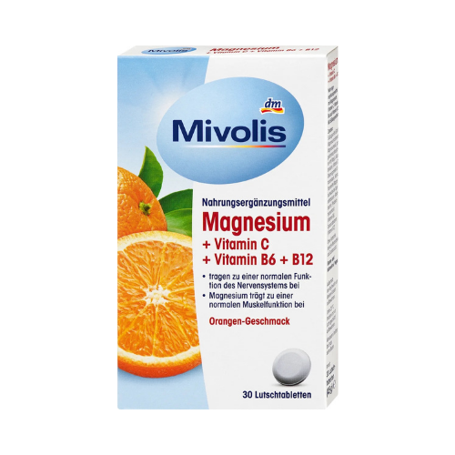 Mivolis Magnesium + Vitamin C + B6 + B12 – Orange Flavoured Lozenges (30 Tablets)