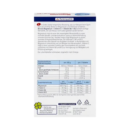 Mivolis Magnesium + Vitamin C + B6 + B12 – Orange Flavoured Lozenges (30 Tablets)