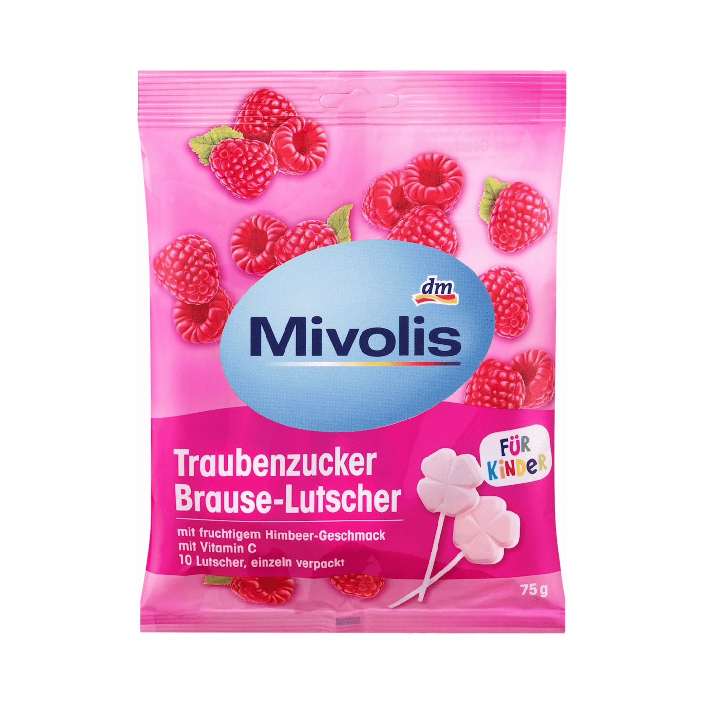 Mivolis Traubenzucker Brause-Lutscher – Himbeere für Kinder, 75 g
