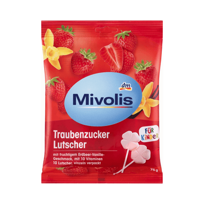 Mivolis Strawberry-Vanilla Glucose Lollipop for Kids, 75 g – 10 Vitamins, Gluten & Lactose Free
