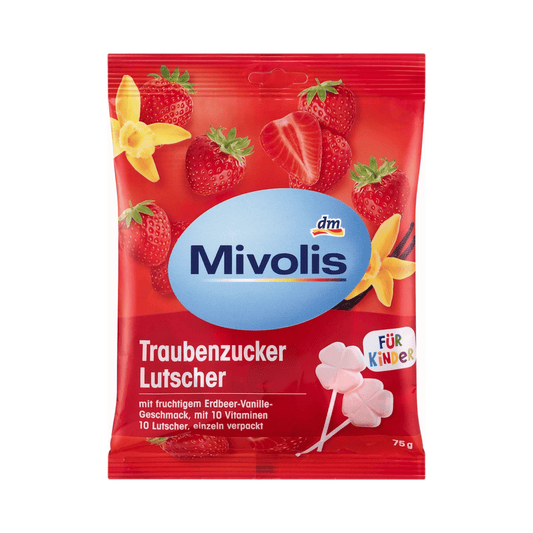 Mivolis Strawberry-Vanilla Glucose Lollipop for Kids, 75 g – 10 Vitamins, Gluten & Lactose Free